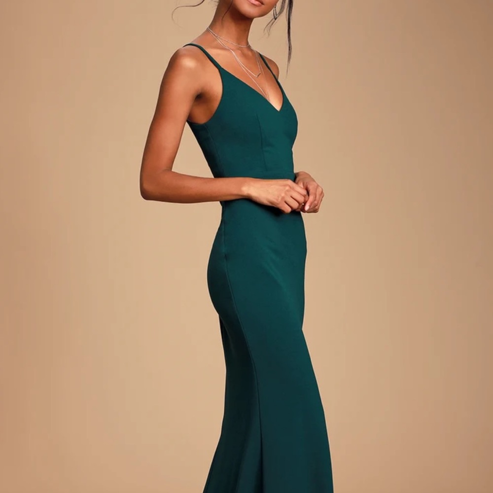 Lulus Moments Of Bliss Forest Green Backless Mermaid Maxi Dress.